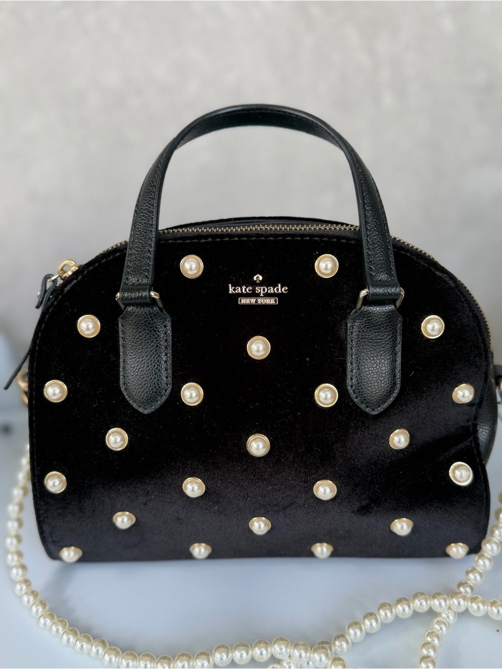 Kate Spade New York Black Velvet Pearl Embellished Satchel